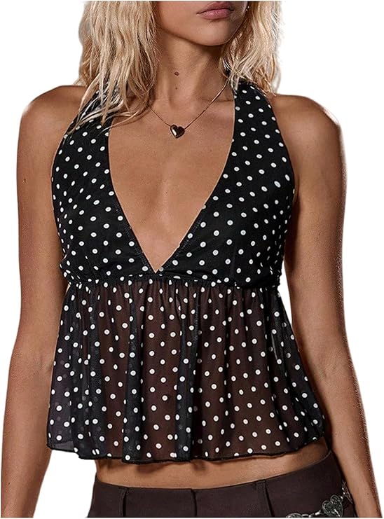 Women’s Polka Dot Mesh Halter Top – V Neck Backless Tie-Up Ruffled Flared Party Blouse