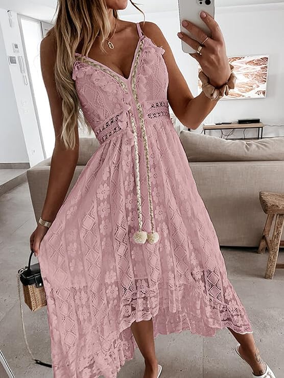 Women’s Summer Boho Maxi Dress – Slip Lace Up Tassel V-Neck Flare Ruffle Beach Dress for Vacation & Holiday